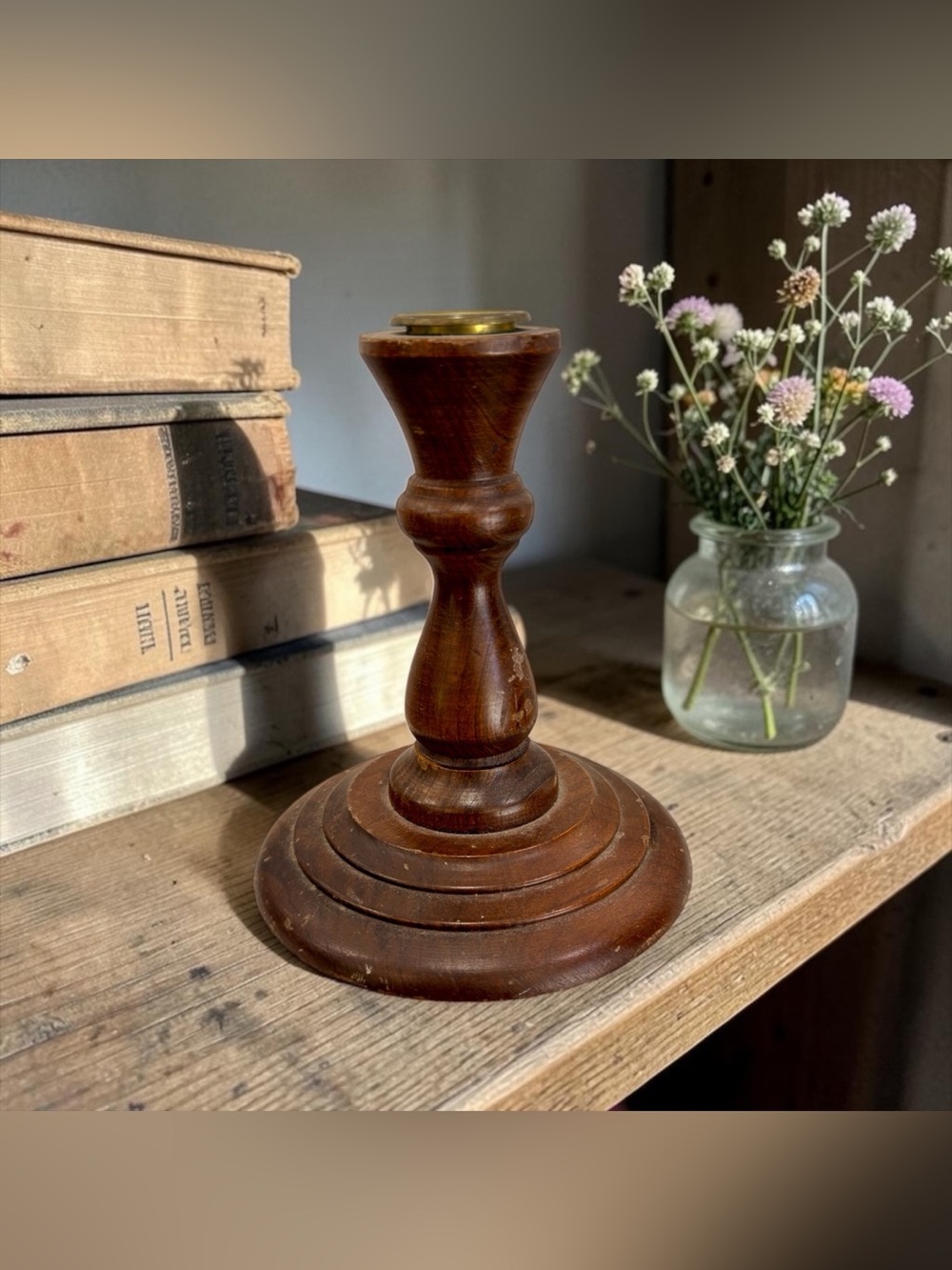 Vintage Wood & Brass Candlestick Holder  Woodcroftery Solid Wood Rustic Cottage